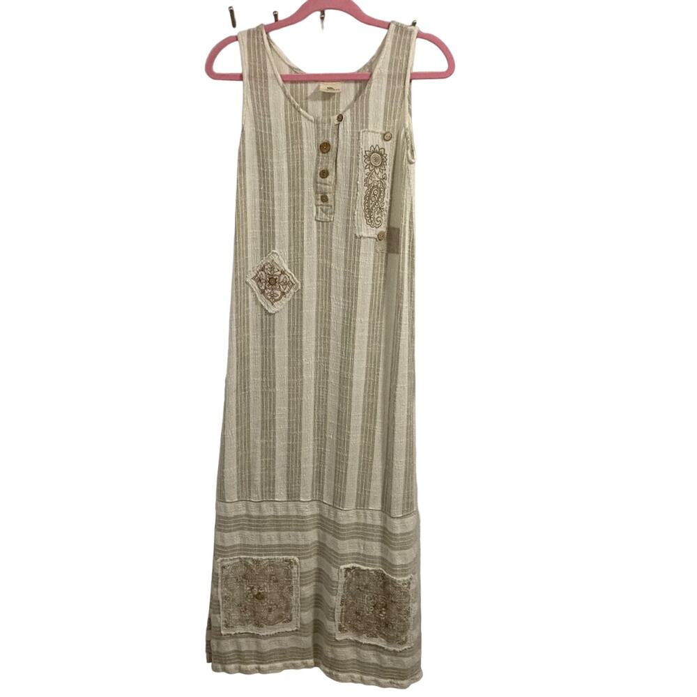 Pear hippie lagenlook boho earthy gauzy linen floral patchwork maxi dress size M